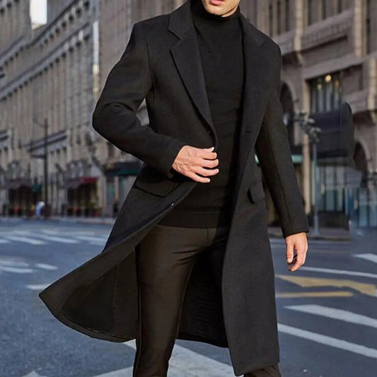 Men Autumn Winter Woolen Coat Solid Color Long Sleeve Buttons Jacket Lapel Collar Mid-length Trench Coat Jacket Male Overcoat