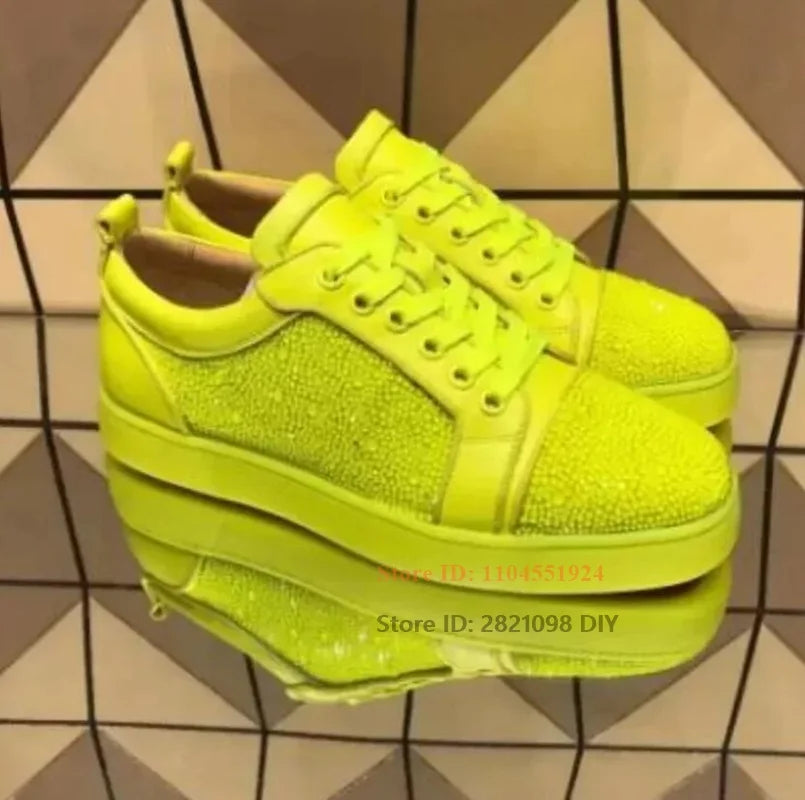 Fluorescein Yellow Low Cut Men's Leather Wedding Flats Men and Women Sneakers Unisex Daily Crystal Casual Shoes Plus Size 47