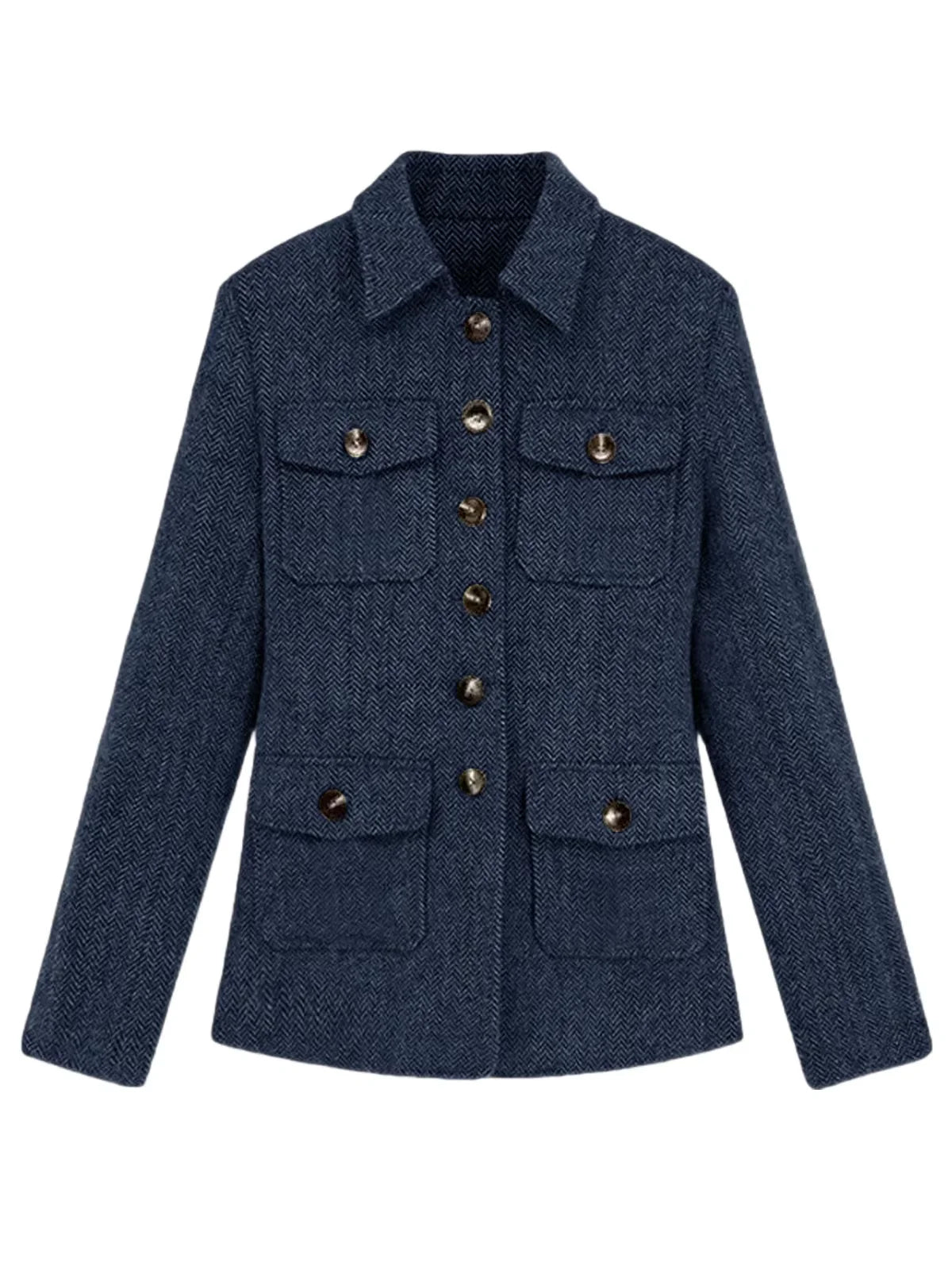 Men's Herringbone Wool Blend Blazer Jacket Notch Collar Utility Multi-Pocket Casual Overcoat For Spring Autumn