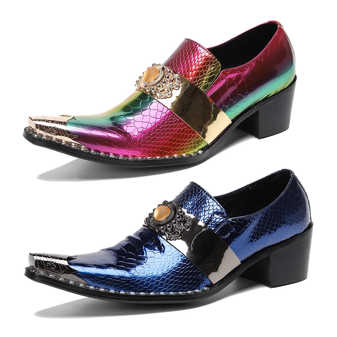 Men's Loafers Snake Skin Pattern New Men's Genuine Leather Shoes Solid Color Pointed Metal Buckle Party Business Shoes