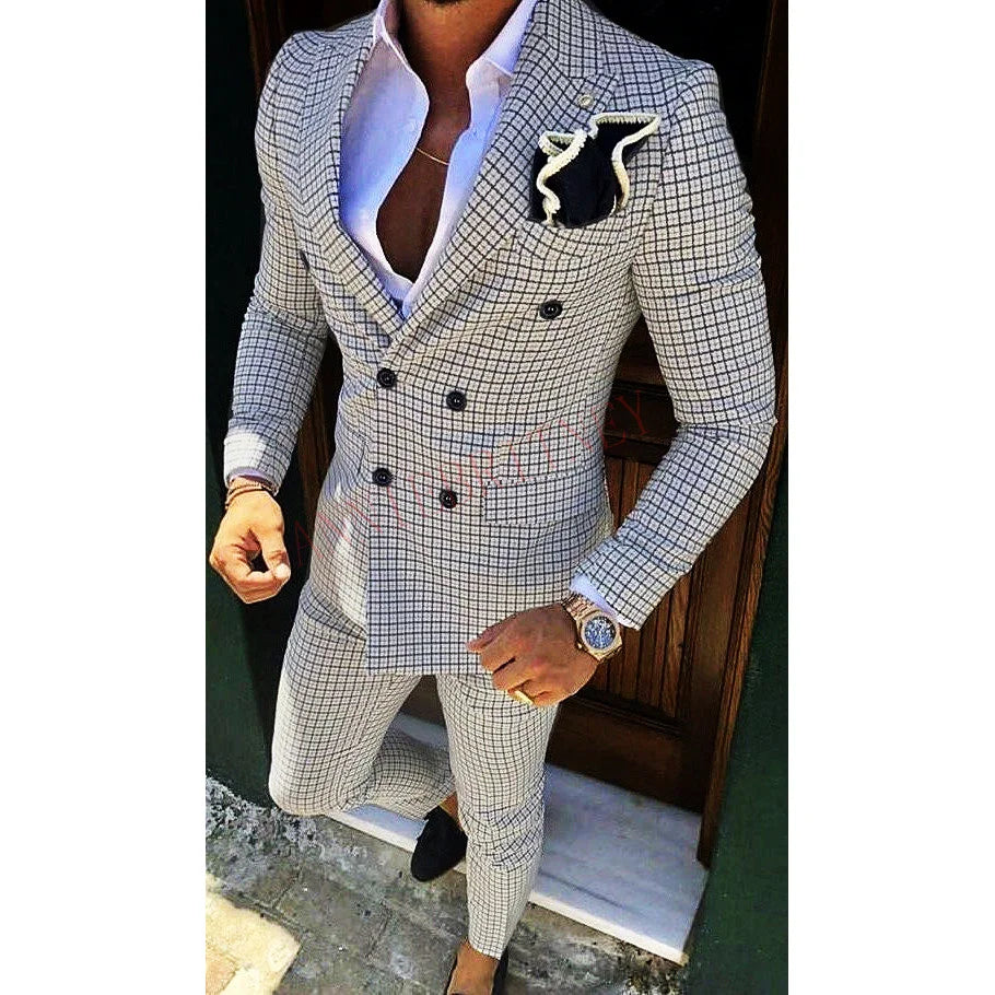 Fashion Lattice Men's Suit Slim Fit Prom Wedding Suits For Men Groom Tuxedo Jacket Pants Set Custom Casual Formal 2 Piece