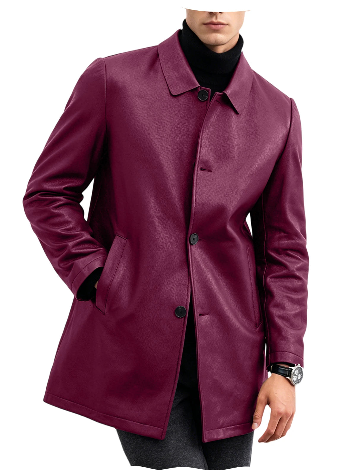 Men Premium Leather-Like Trench Coat Turn-Down Collar Single Breasted Mid-Length Overcoat Classic Slim Fit Business Casual Wear