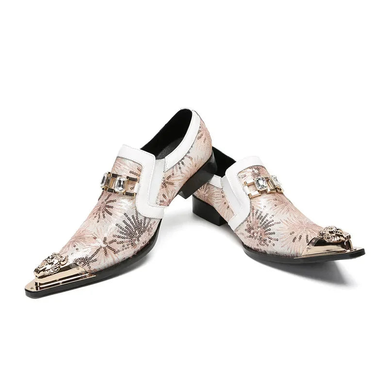 Hot Sell Pointed Toe Gold Metal new Leather Men Dress Shoes Evening Party Wedding Shoes Hairdress Sexy  Chain Men Shoes