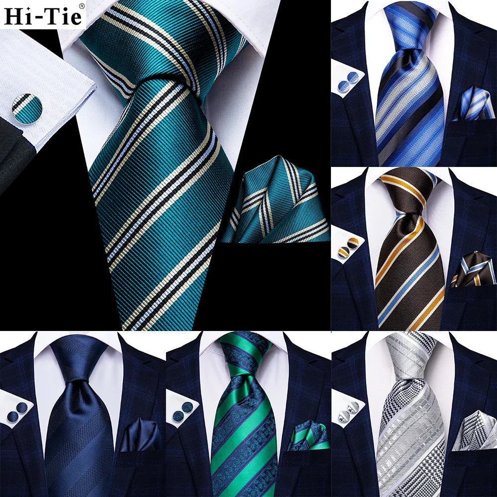 Hi-Tie Striped Teal Blue Mens Fashion Necktie Handkerchief Cufflinks for Tuxedo Accessory Classic Silk Luxury Gift Tie for Men