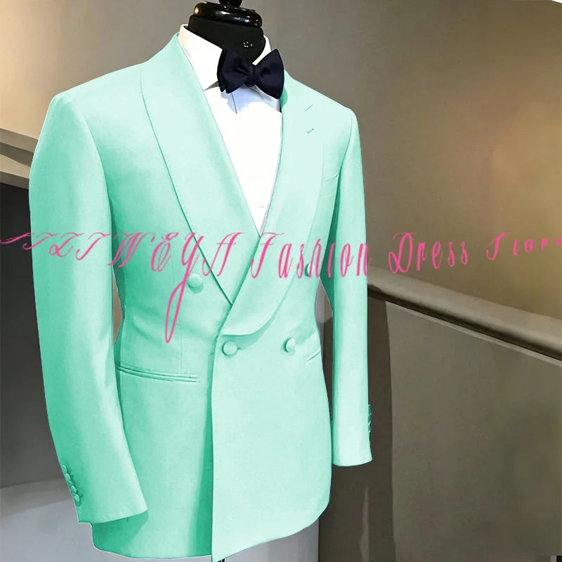 Blue Double Breasted Men's Suit Wedding Groom Tuxedo High Quality Boutique Male Clothing Jacket+Pants