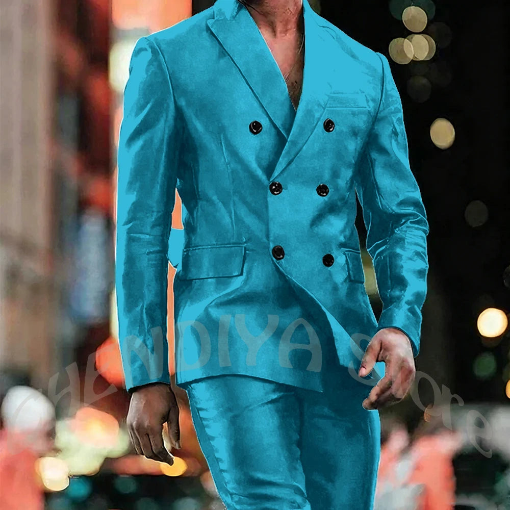 Elegant Satin Men Suit 2 Pieces Peaked Lapel Handsome Tailor-Made Custom Man Fashion Clothes Set Smart Casual Jacket Pants