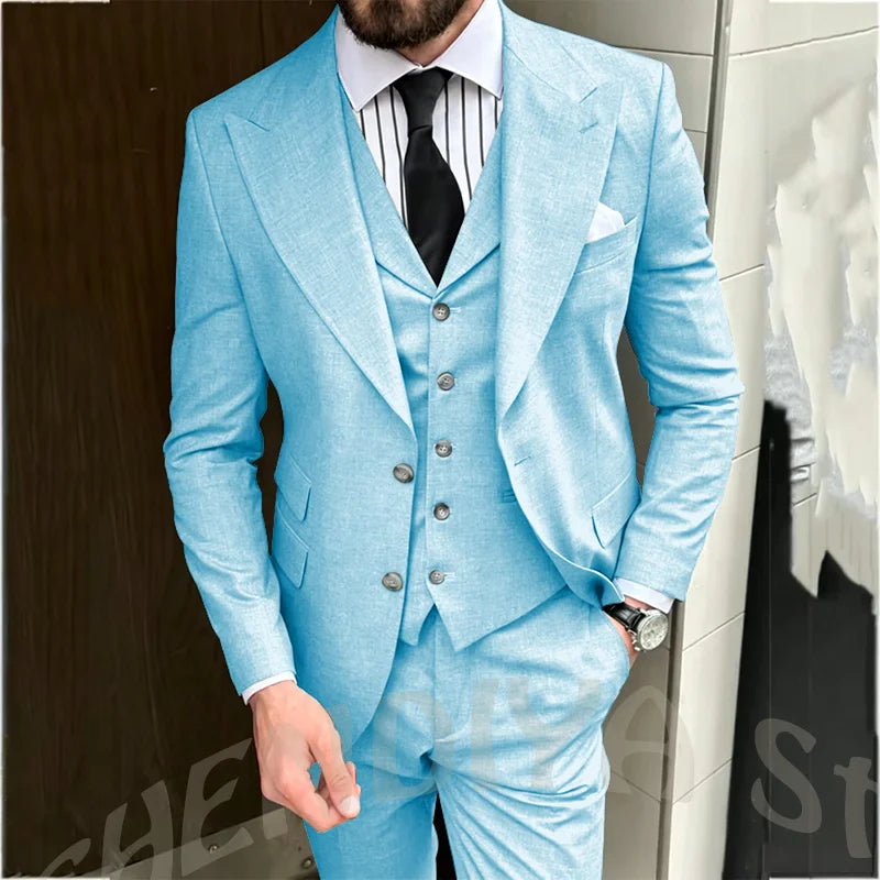 Light Gray Men Suit Business Three Piece Classic Design Single Breasted Peaked Lapel Blazer Vest Pants Formal Office Party Set