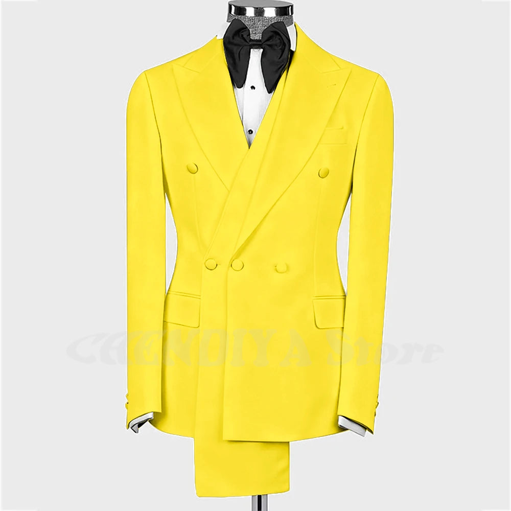 High Quality Man Suit Two Piece Peaked Lapel Slim Fit Jacket with Black Pants Formal Outfit Business Party Groom Wedding Set
