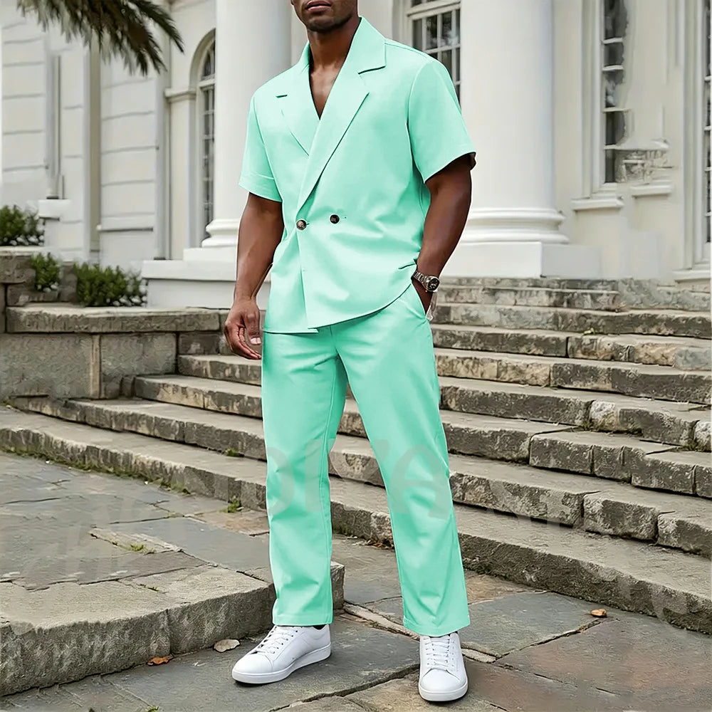 Stylish Men's 2 Piece Sets Notch Lapel Double Button Short Sleeves Blazer Suit Straight Fit Summer Casual Fashion Outfit