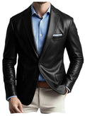 Men's Faux Leather Blazer Notch Lapel Flap Pockets Slim Fit Suit Jacket Coats For Casual Business Wedding Party