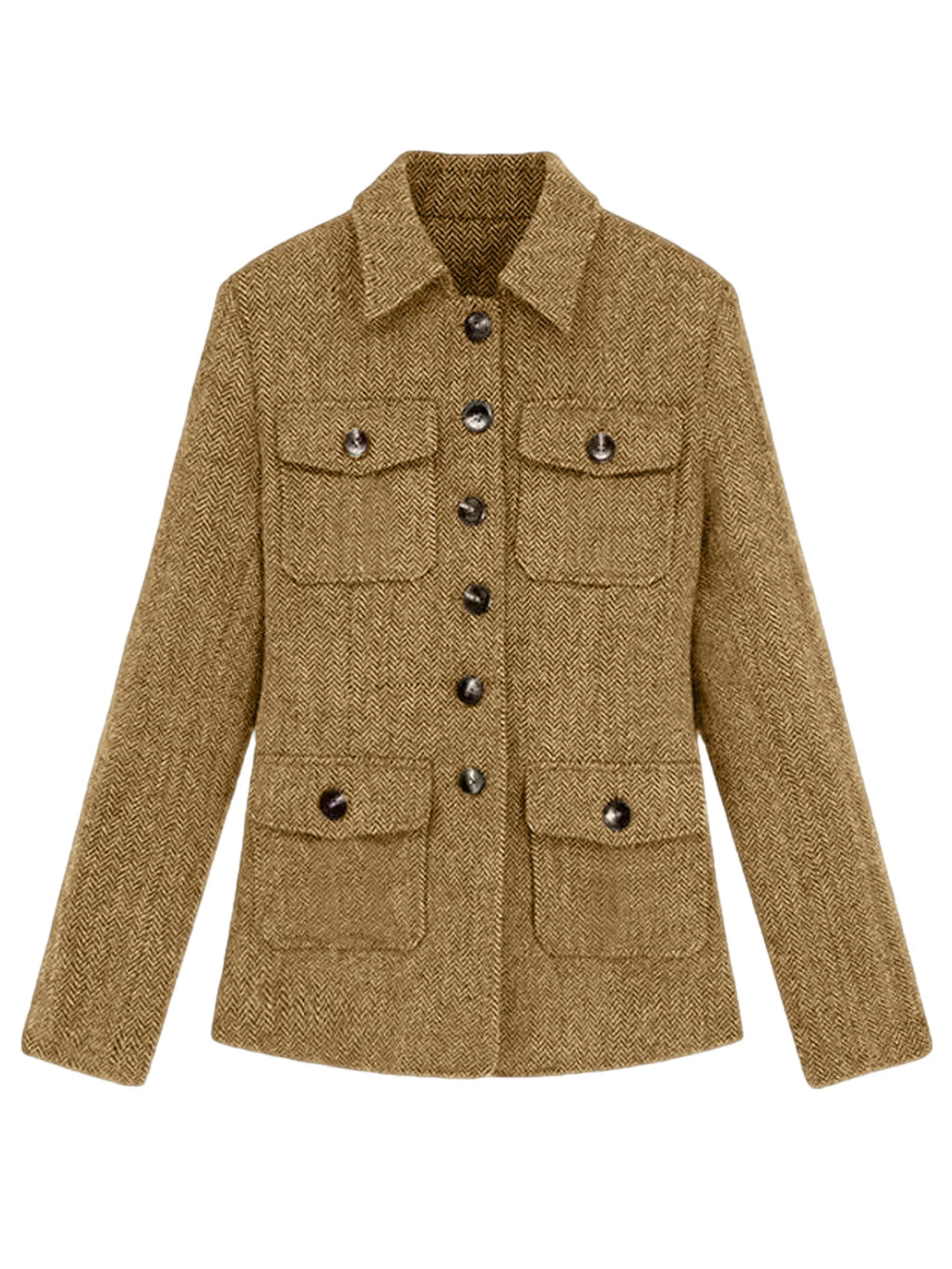 Men's Herringbone Wool Blend Blazer Jacket Notch Collar Utility Multi-Pocket Casual Overcoat For Spring Autumn