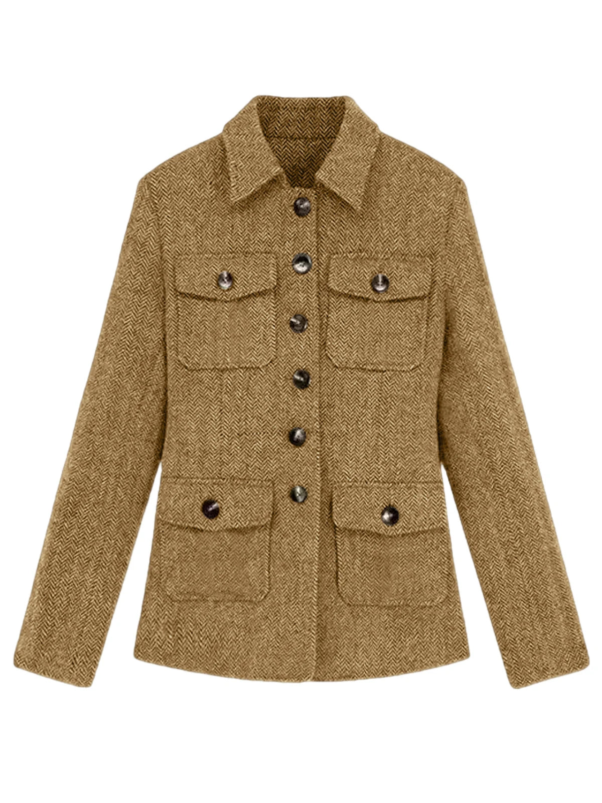 Men's Herringbone Wool Blend Blazer Jacket Notch Collar Utility Multi-Pocket Casual Overcoat For Spring Autumn