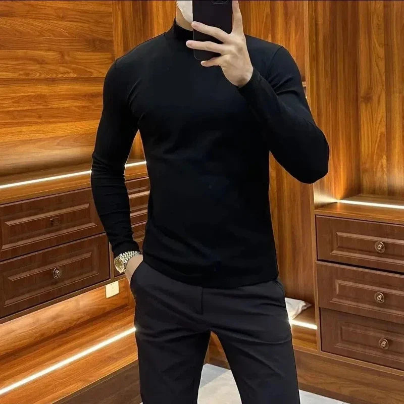 Autumn Winter Fashion Half High Collar Solid Long Sleeve Pullover Men's Clothing Casual Threaded Bottom Swing Korean Knittin Top