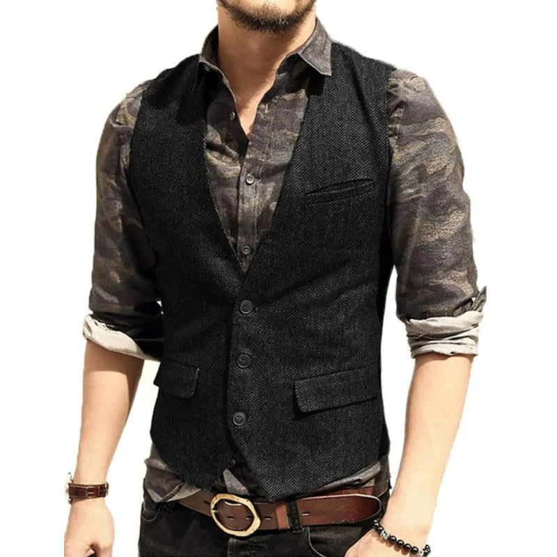 Black Brown Green Coffee V Neck Men's Suit Vest Wool Herringbone Tweed Casual Waistcoat Formal Business Vest Groom Wedding