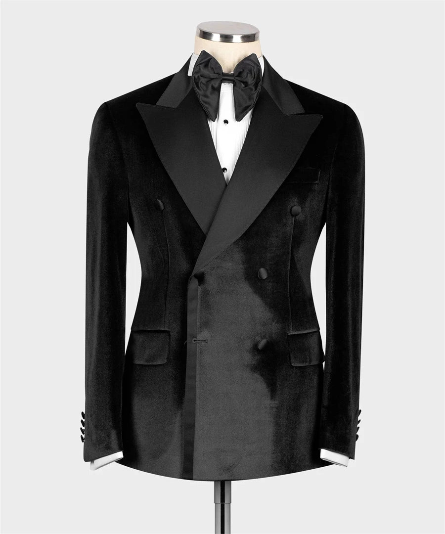 Inverno/outono Black Velvet Setin Collar Men's Suitle para noivo de casamento Tuxedo Double Blazer calças de festas formais fatos masculinos