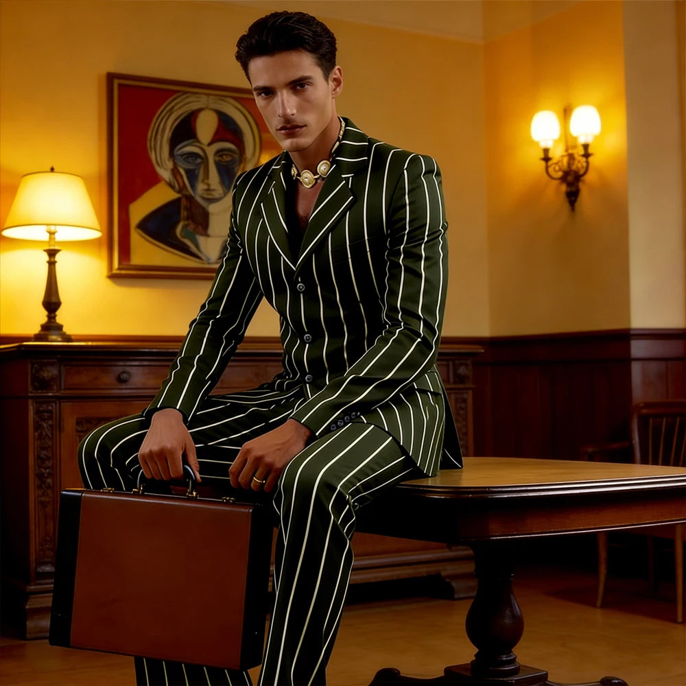 Men's Vintage Pinstripe 2 Piece Suit Set Double Breasted Peak Lapel Slim Fit Blazer Flared Pants Tuxedo For Wedding Prom