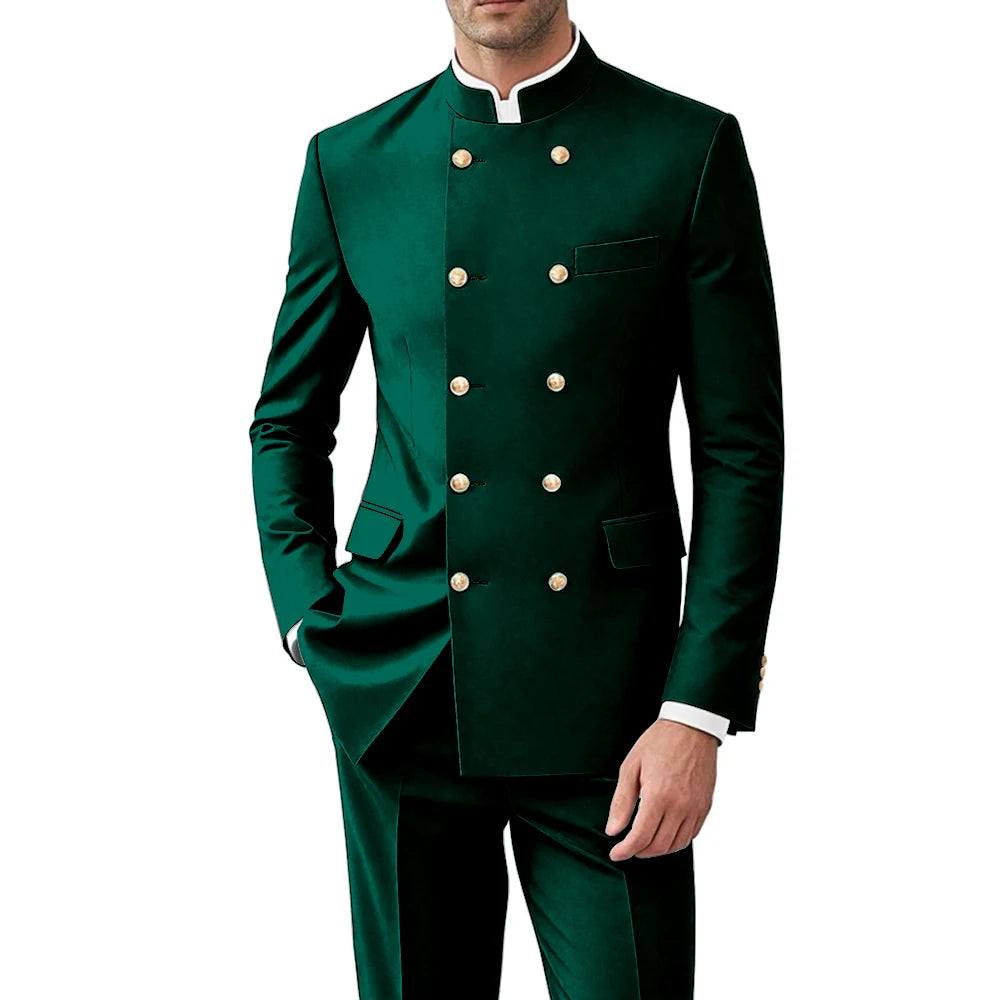 Solid Color Men Suits Formal 2 Pieces Double Breasted Stand Collar Balzer Pants Formal Party Business Wedding Set Customized