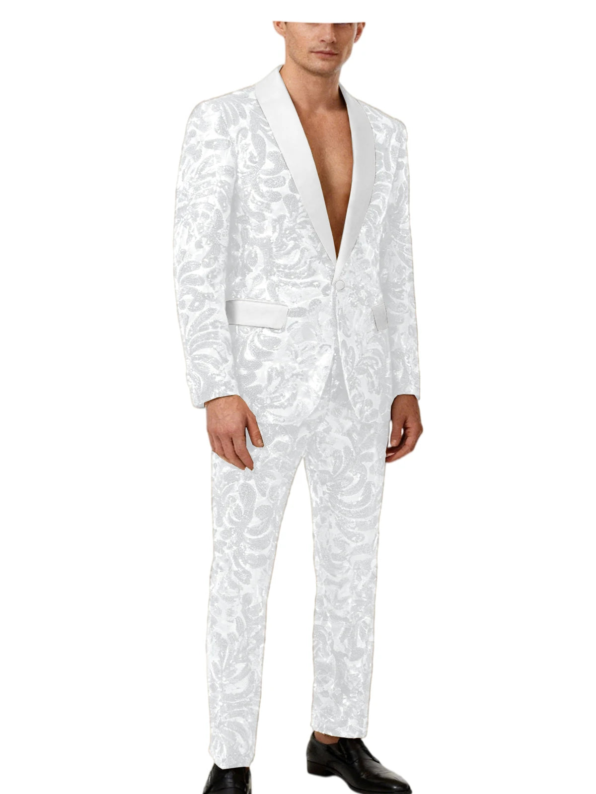Men's Sequin Paisley Tuxedo Set Suit White Satin Shawl Lapel Slim Fit 2 Piece Blazer+Pants For Wedding Prom Party Suit Plus Size