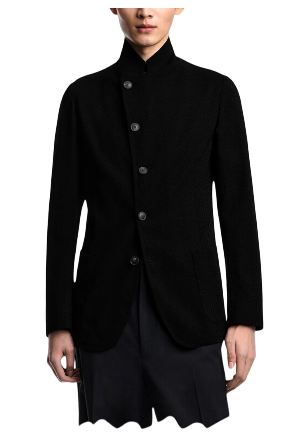 Vintage Men's Herringbone Jacket Stand Collar Slim Fit Wool Blend Formal Blazer Fashion British Style Sport Coat Business Casual