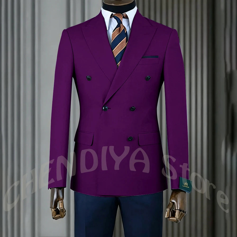 Stylish Men Suits Contrast Color Formal Blazer Male Clothing Double Breasted Business Casual Party Prom Jacket Pants Navy Blue