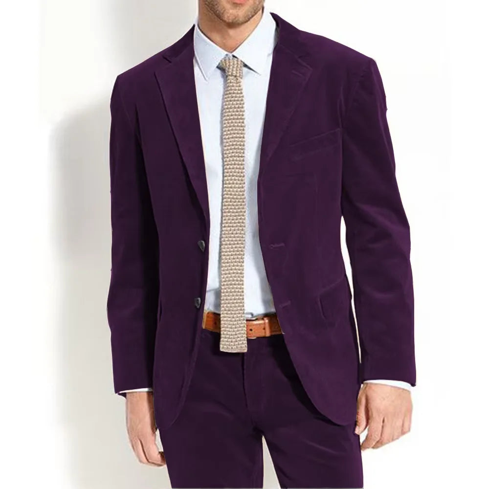 Men's Velvet Suit Vintage Solid Color Slim Fit Notched Lapel 2 Piece Jacket Pants Formal Set For Groom Wedding Business Casual