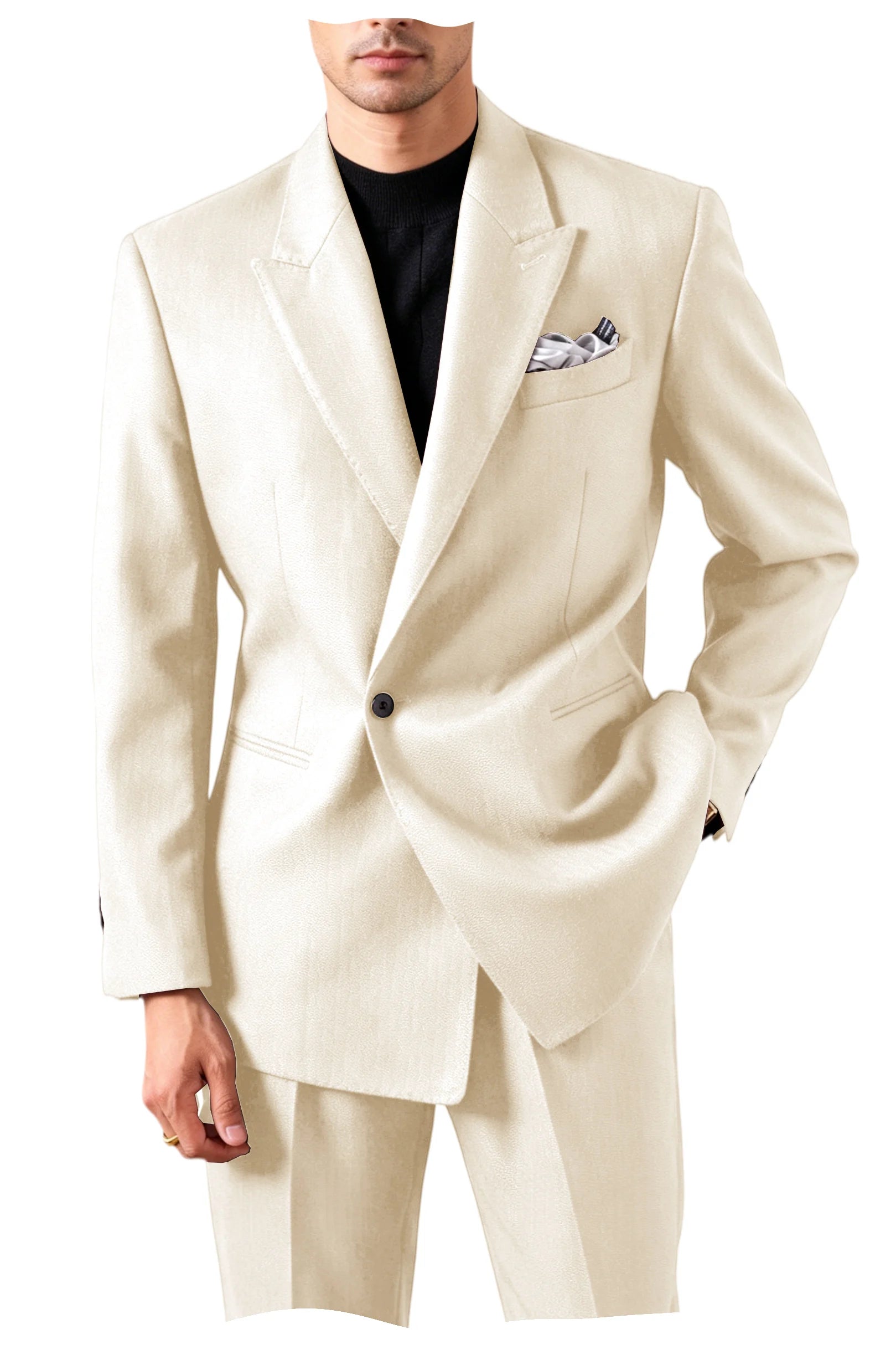 Men's Serge Suit Set Jacket Premium One Button Peak Lapel Slim Fit Tuxedo 2 Piece Blazer Pants Casual Business Wedding Formal