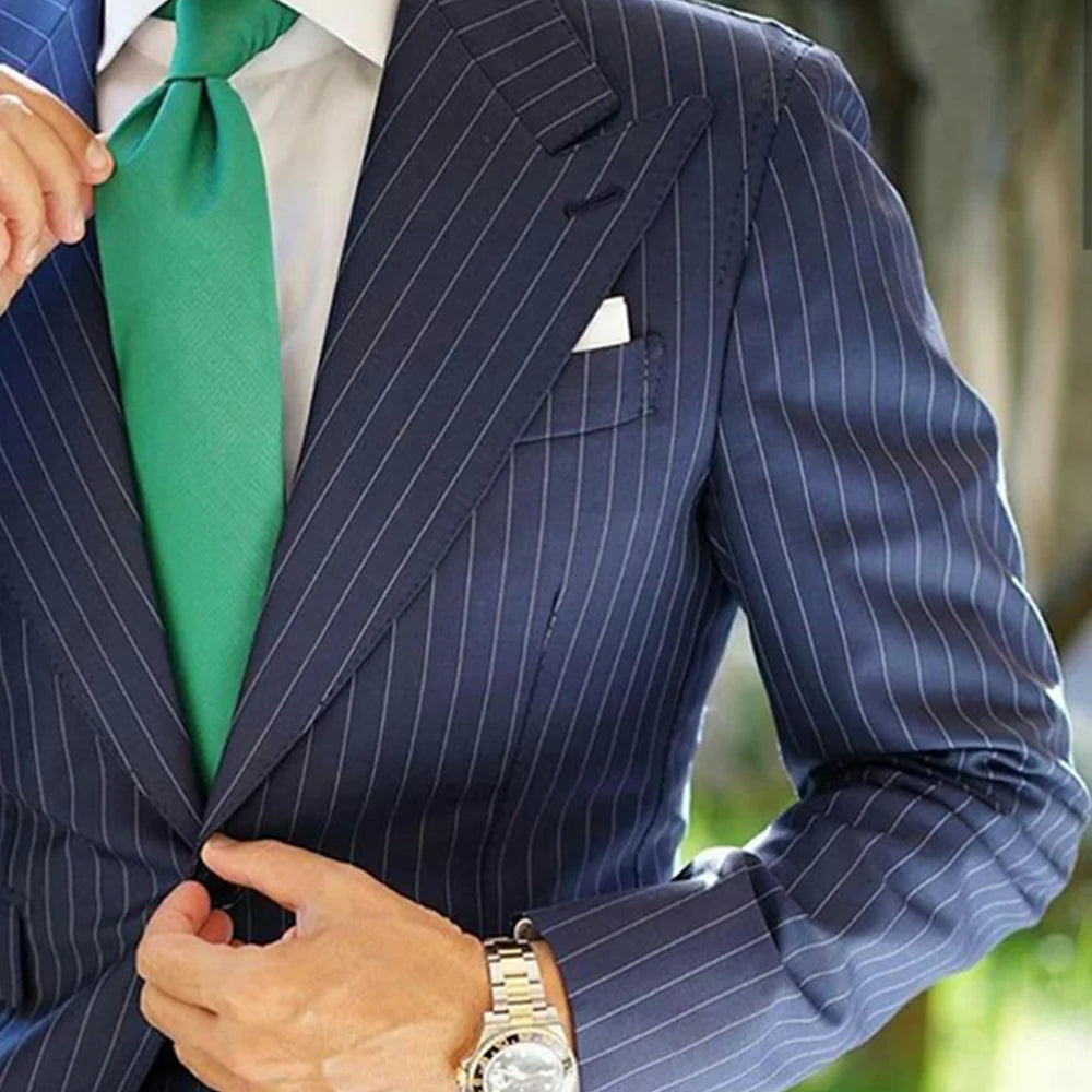 Hot Sale Navy Pinstripe Men's Suits Fashion Peaked Lapel Two Button Groom Wedding Business Prom Party Male Suit (Jacket+Pants)