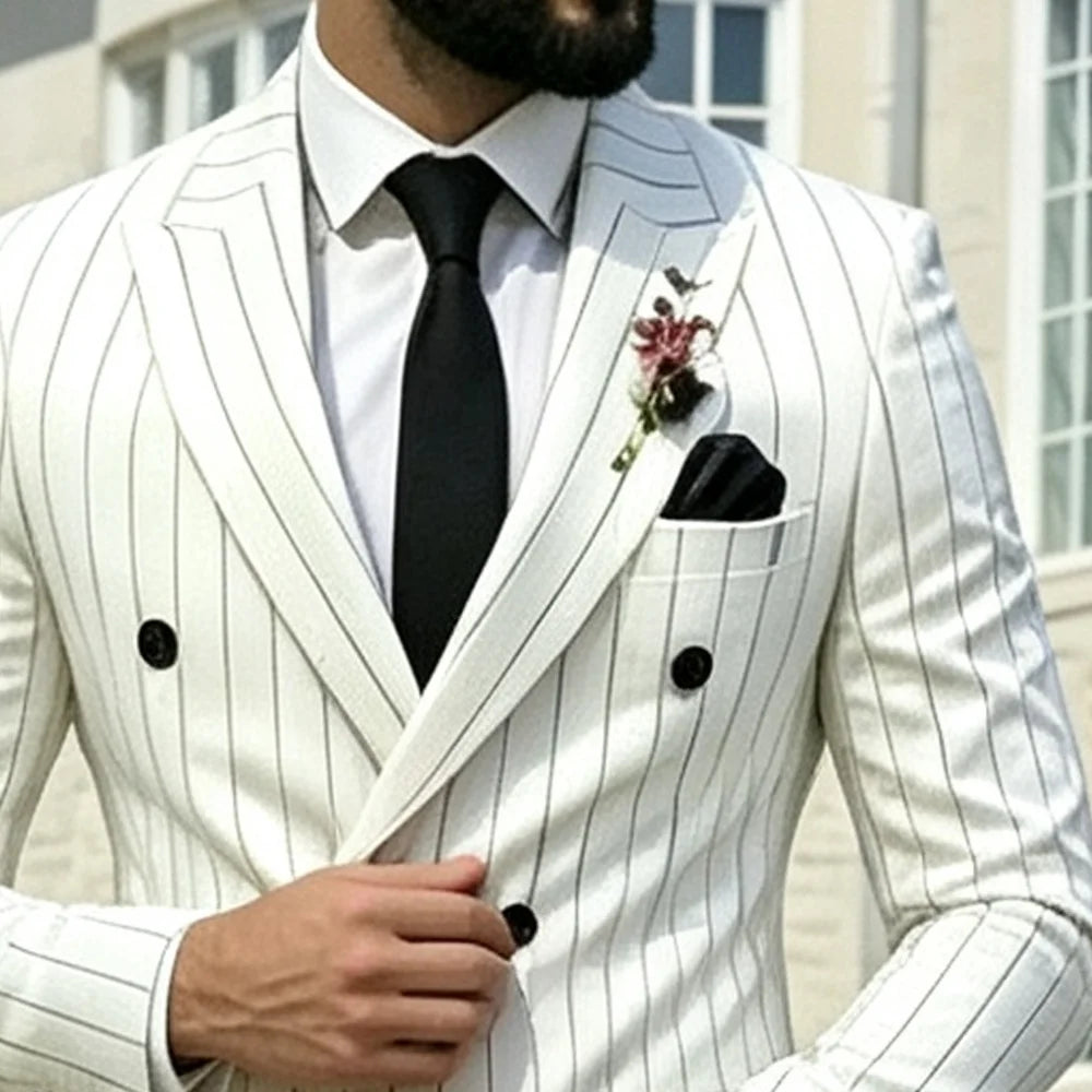 White Pinstripe Double Breasted Luxury Men Suit Set Separates 2 Pieces Jacket Pants For Wedding Groom Business Prom Custom Suit