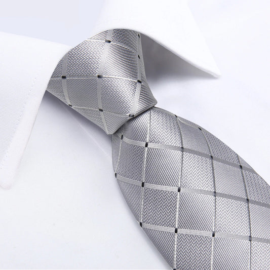 2023 New Sliver Grey Plaid Striped Silk Ties for Men 150cm Business Wedding Neck Tie Pocket Square Cufflinks Party Accessories