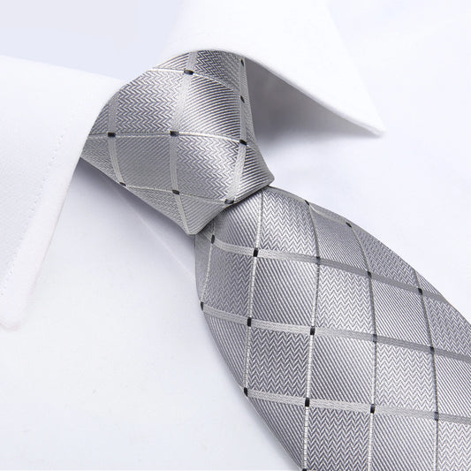 2023 Novos laços de seda listrados de listras cinza lascas para homens 150cm Business Wedding pescoço Bolso Pocket Square Bufflinks Acessórios de festa