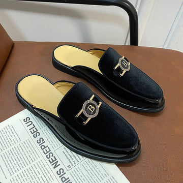 Luxury Designer Brand Leather Black Mens Lazy Half Shoes For Men Slides Mules Casual Shoes Fashion Sandals Loafers Slippers 2023