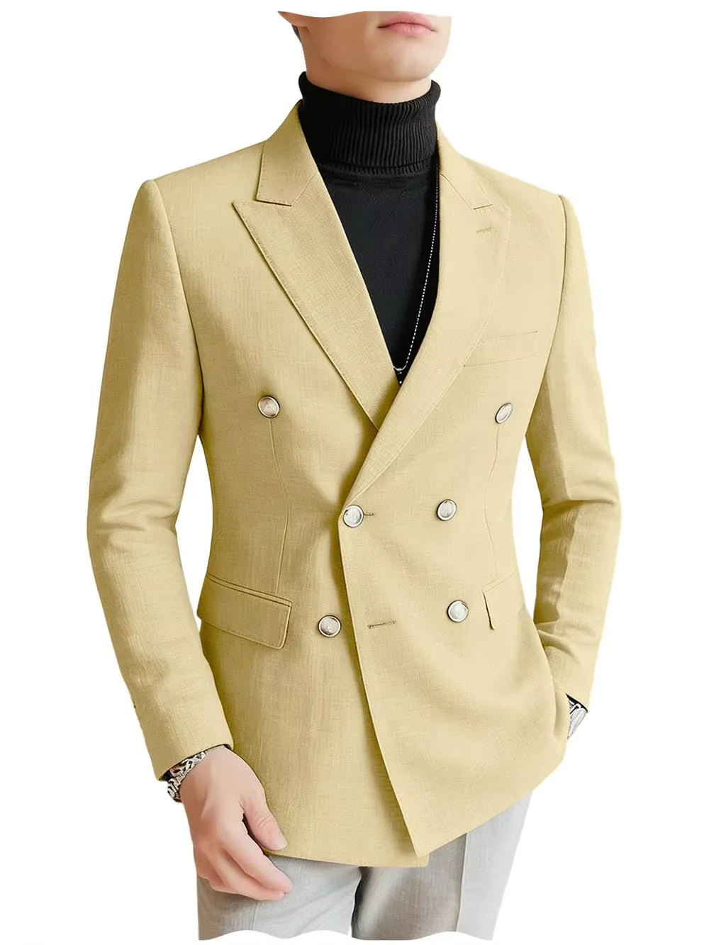 Men's Linen Blazer Double Breasted Peak Lapel Slim Fit Lightweight Breathable Cool Fashion Formal Jacket For Summer Business