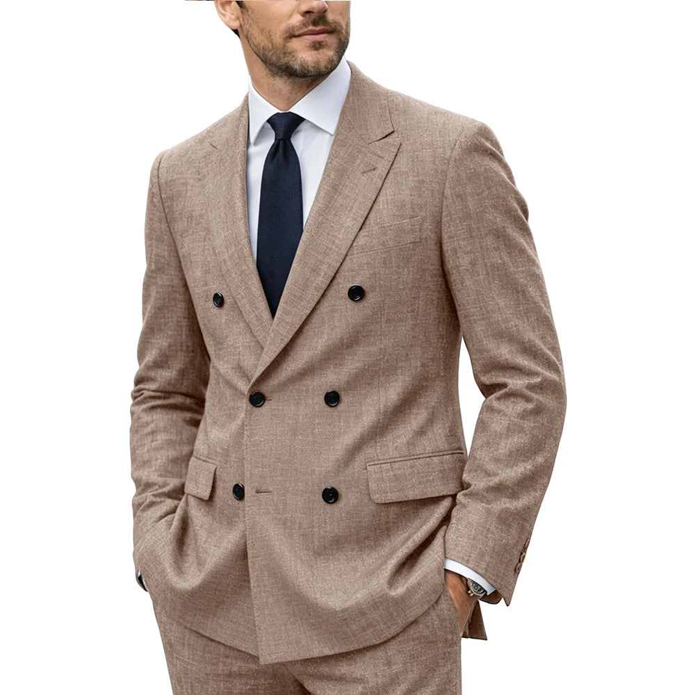 Men's Linen Suit Set  Double Breasted Slim Fit Peak Lapel Formal Blazer Pants Breathable Business Wedding Groom Tuxedo