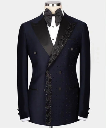 Luxury Black Collar Navy Blue Groom Tuxedo with Crystal Double Breasted Blazer Pants Formal Business Office Party Men's Suits