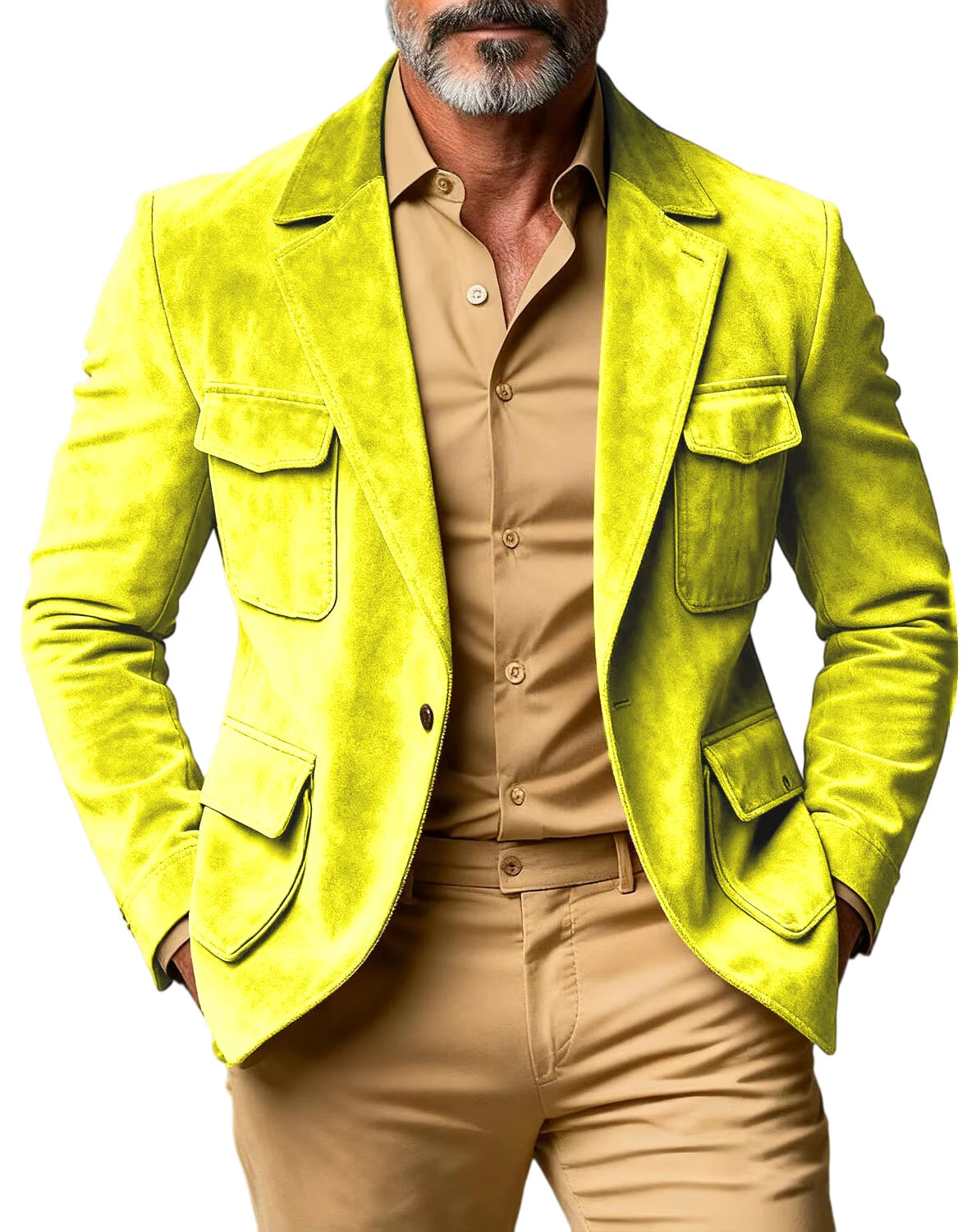 Men's Suede Safari Blazer Slim Fit Notch Lapel Multi-Pocket Hunting Jacket Autumn Winter Casual Business Sport Coat