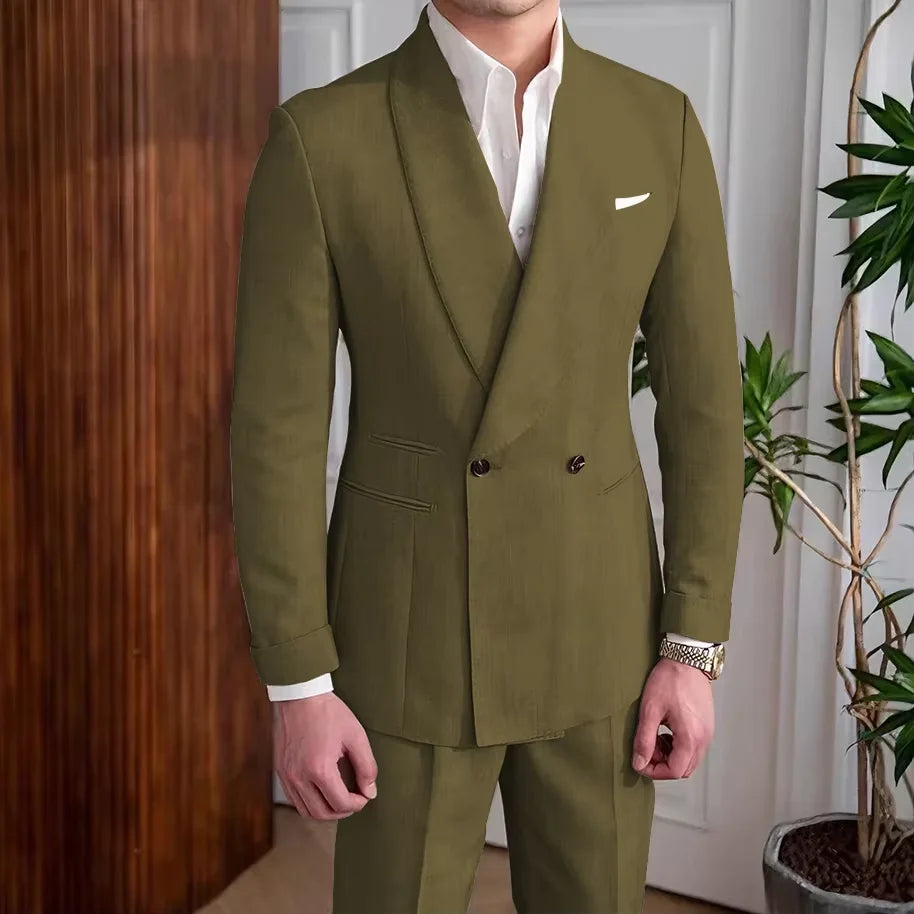 Men's Linen Suit 2-Piece Khaki Shawl Collar Double-Breasted Slim Fit Breathable Jacket and Pants Formal Set for Summer Business