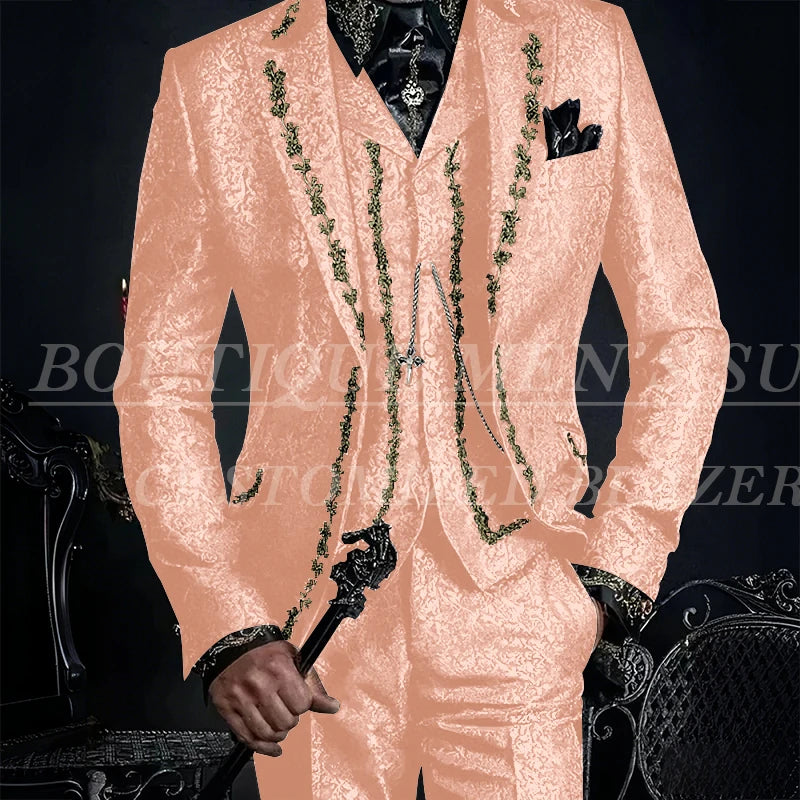 Elegant Black Jacquard Men Suits Embroidery Single Breasted Slim Fit 3 Piece Jacket Pants Vest Male Clothing Blazer Terno 2024
