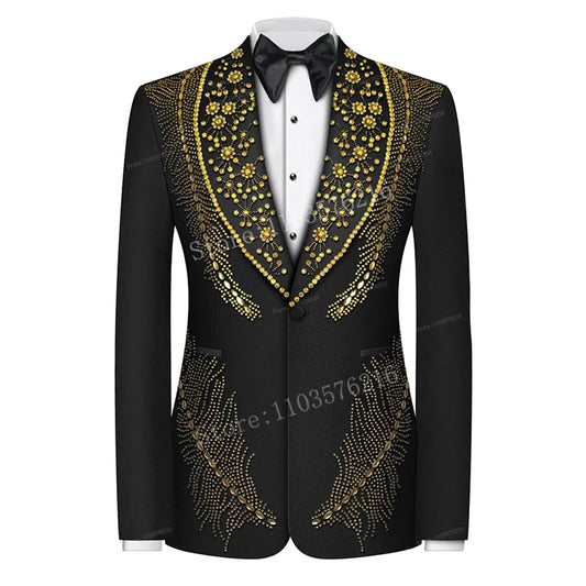 B05 Luxury Beads Diamonds Sparkly 2 Piece Blazer Pants Men Suits One Button Wide Lapel Formal Prom Wedding Groom