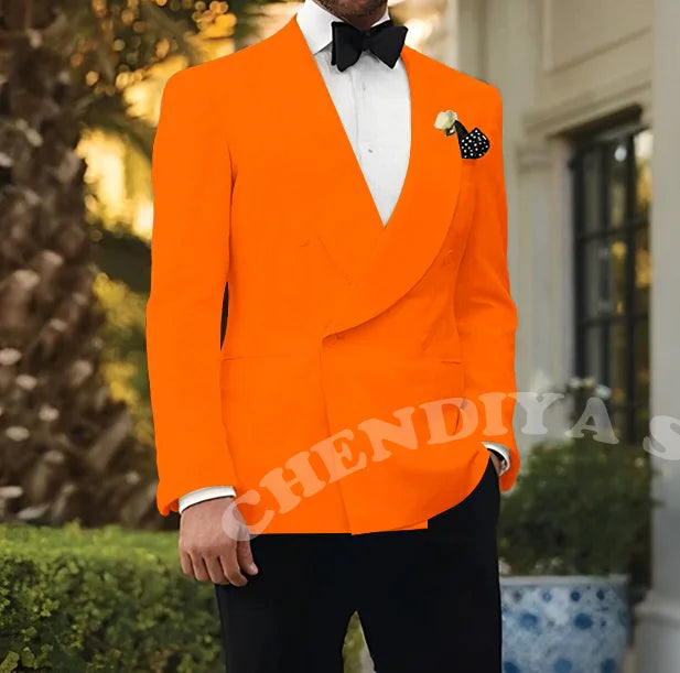 Double Breasted Men Suits Wedding Suit Groom Elegant Shawl Lapel 2 piece Slim Fit Man Set Jacket With Black Pants Formal Blazer