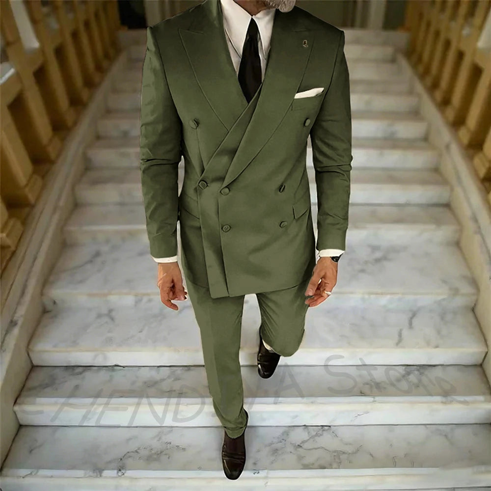High Quality Peaked Lapel Suit For Men Double Breasted Gentleman Wedding Groom Tuxedo Custom Man Fashion Clothes Set Two Pieces