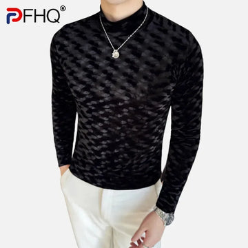 PFHQ Niche Design Men's T-shirts Mock Neck Long Sleeved Solid Color Casual Slim Stretchable Pullover Menswear Spring 21Z9023