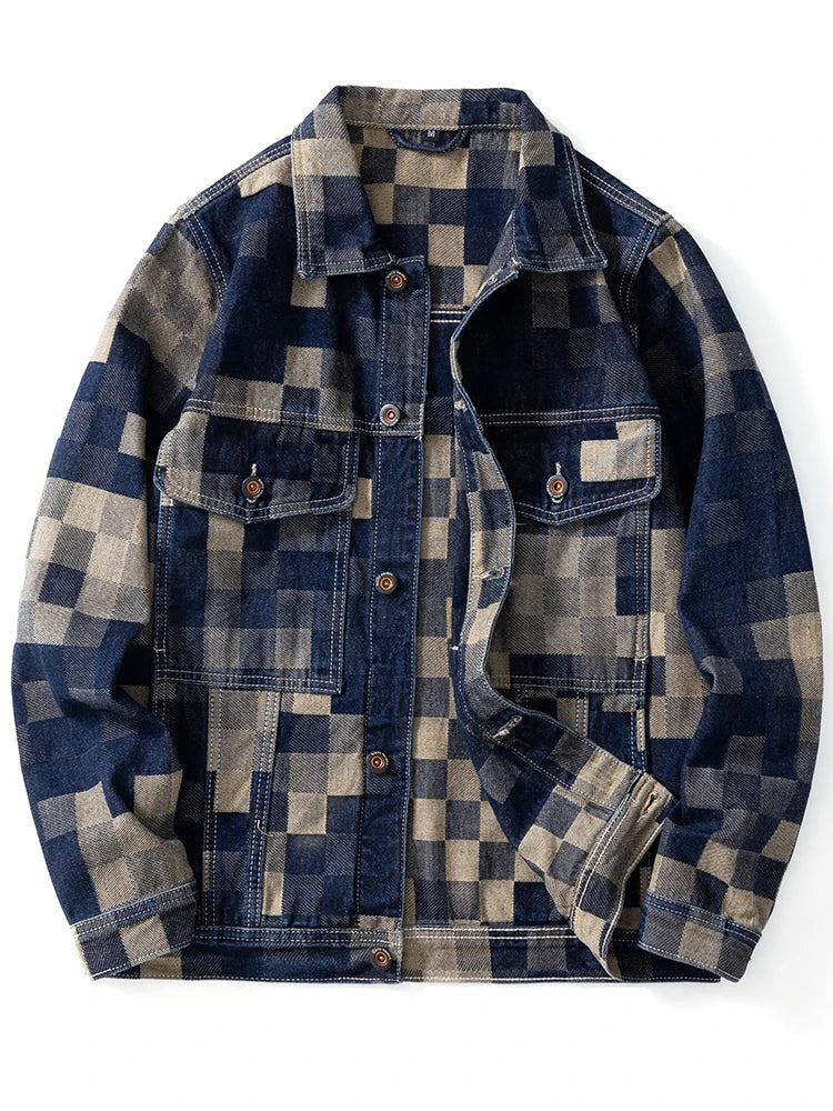 Vintage Loose Denim Jacket with Grid Pattern - High-End American Casual Jean Coat for Men