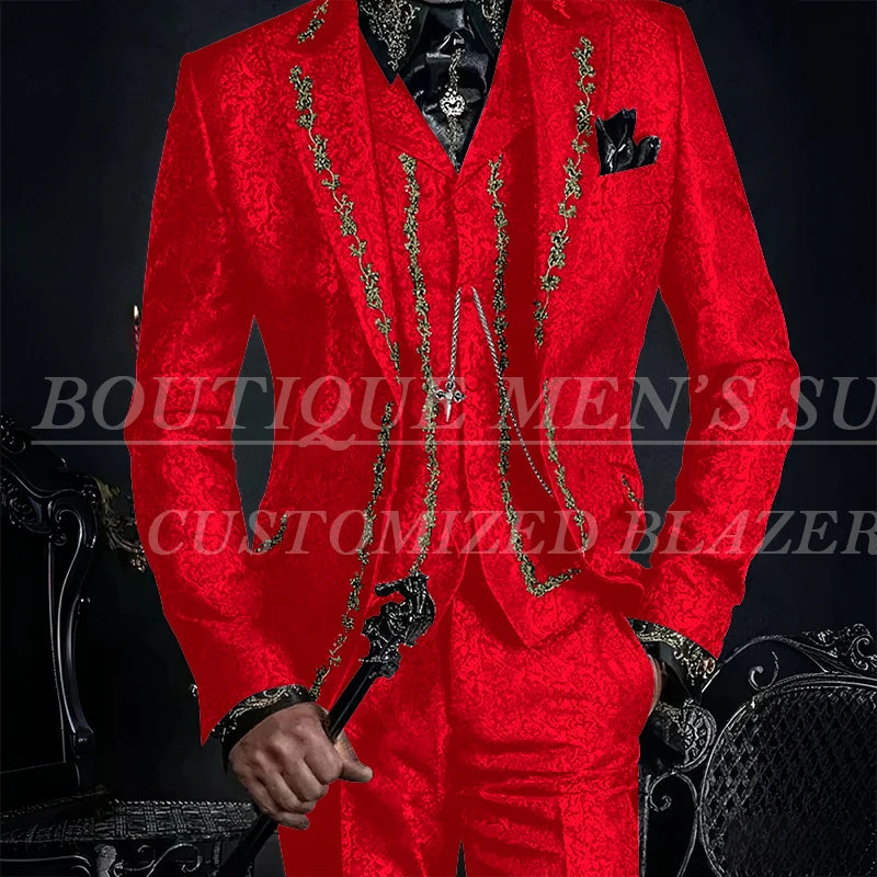 Elegant Black Jacquard Men Suits Embroidery Single Breasted Slim Fit 3 Piece Jacket Pants Vest Male Clothing Blazer Terno 2024