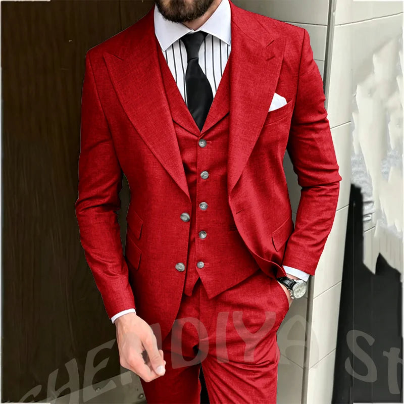 Light Gray Men Suit Business Three Piece Classic Design Single Breasted Peaked Lapel Blazer Vest Pants Formal Office Party Set