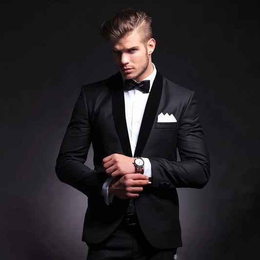 Black Men Suits Slim 2 Piece Fashion Shawl Lapel Single Button Smart Casual Wedding Groom Tuxedo Male Suit Blazer with Pants