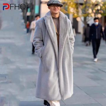 PFHQ Men's Knee Trench Imitation Fur Coat 2024 Autumn Winter Solid Color Long Sleeve Turn-down Collar Male Tops 21Z7619