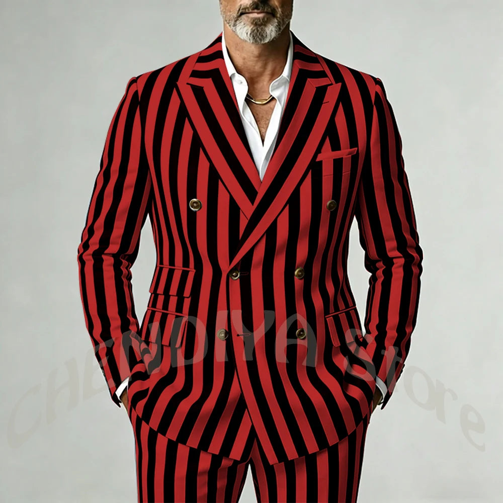 Casual Wide Striped Men's Suit Double Breasted Peaked Lapel Tailored Costume Homme Smart Business Office Daily Party Outfit