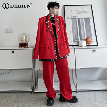 LUZHEN High Street Original Men's Two-piece Sets 2024 Trendy New Loose Splicing Design Loose Blazer Coat Straight Pants LZ1448