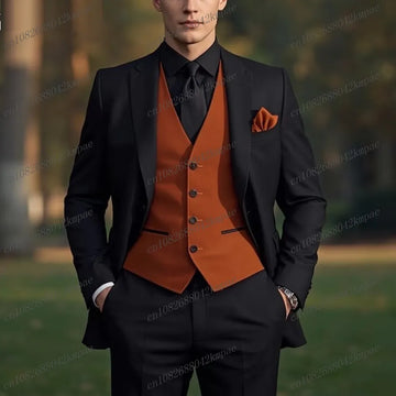 Black And Dark Orange Formal Men Suit Groom Groomsman Wedding Party Prom Business Male Tuxedos 3 Piece Set Blazer Vest Pants