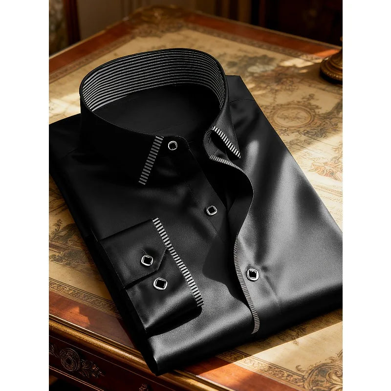 2025 New Men Patchwork Shirt Fashion Dress Tuxedo Long Sleeve Smart Casual Four Season Man Micro Elastic Shirts